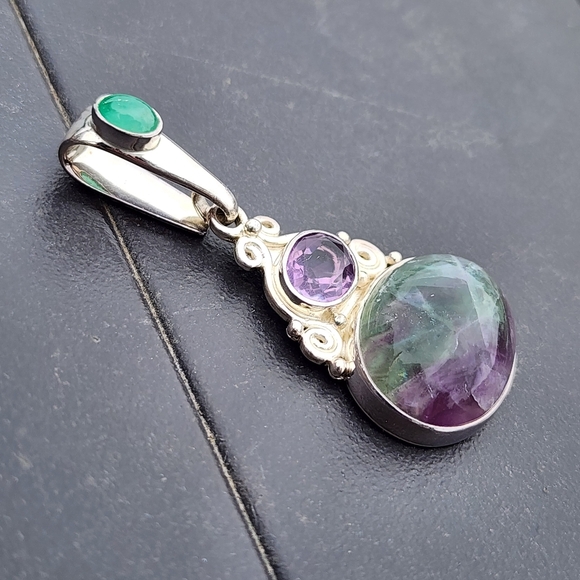 Sterling silver Sajen drop pendant amethyst fluorite cabachon jade green jewelry - Picture 3 of 6